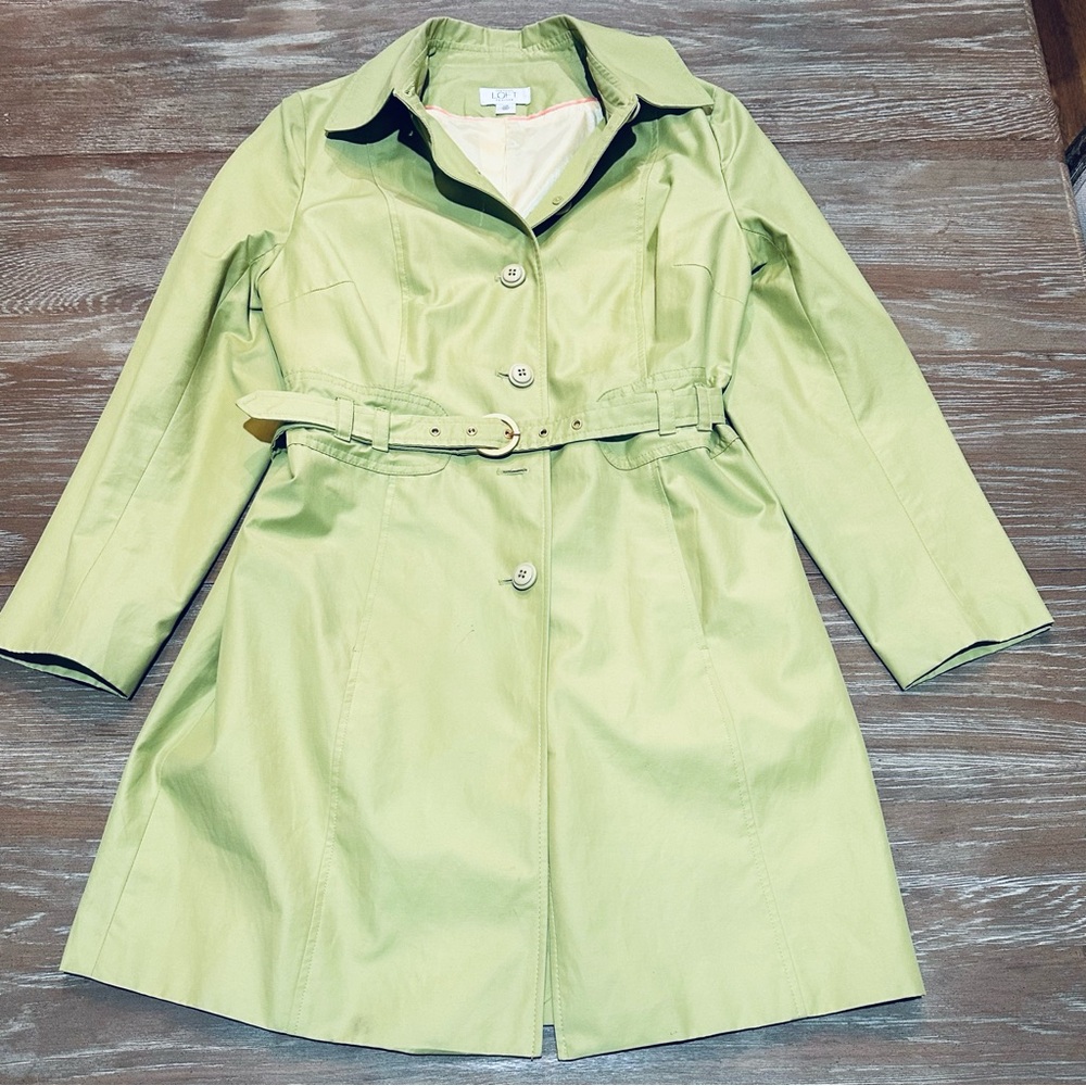 Ann Taylor LOFT Green Belted Trench Coat with Pockets, 14 Petite, Vintage